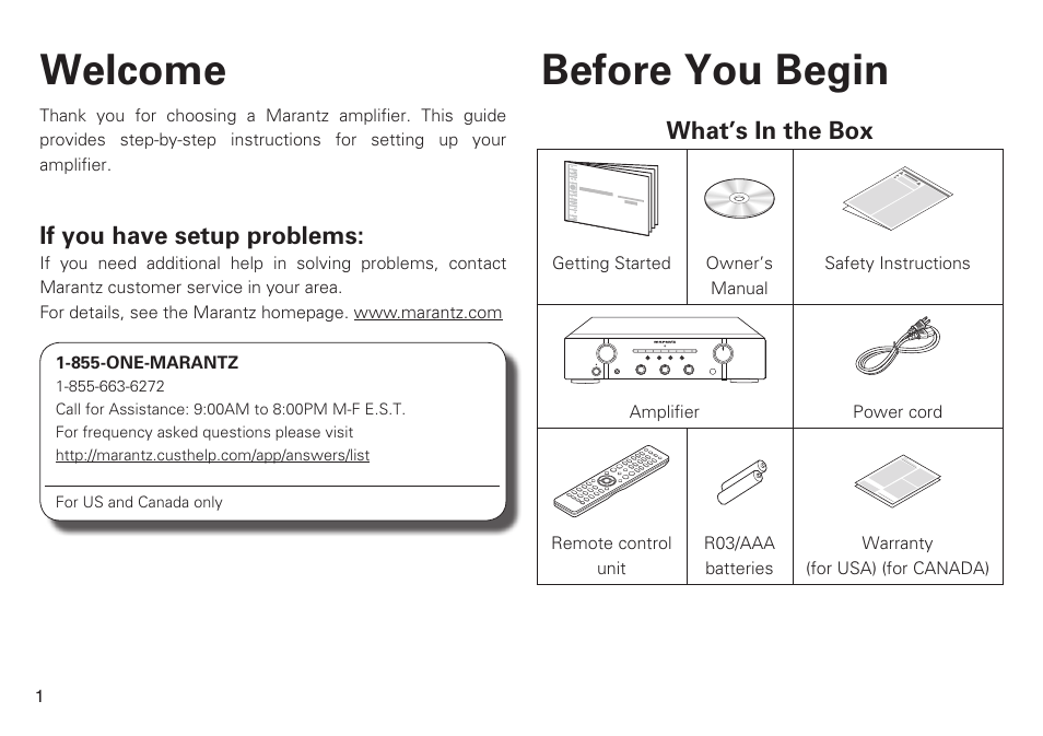 Welcome before you begin, If you have setup problems, What’s in the box | Marantz PM6005 Quick Start User Manual | Page 2 / 10