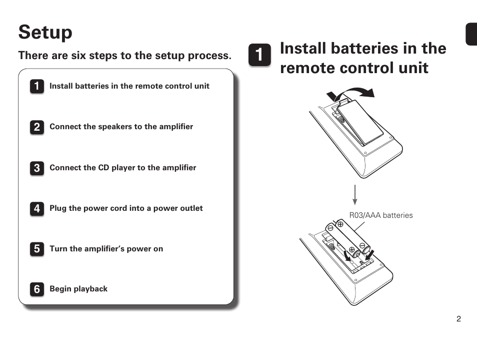 Setup, Install batteries in the remote control unit | Marantz PM6005 Quick Start User Manual | Page 3 / 10