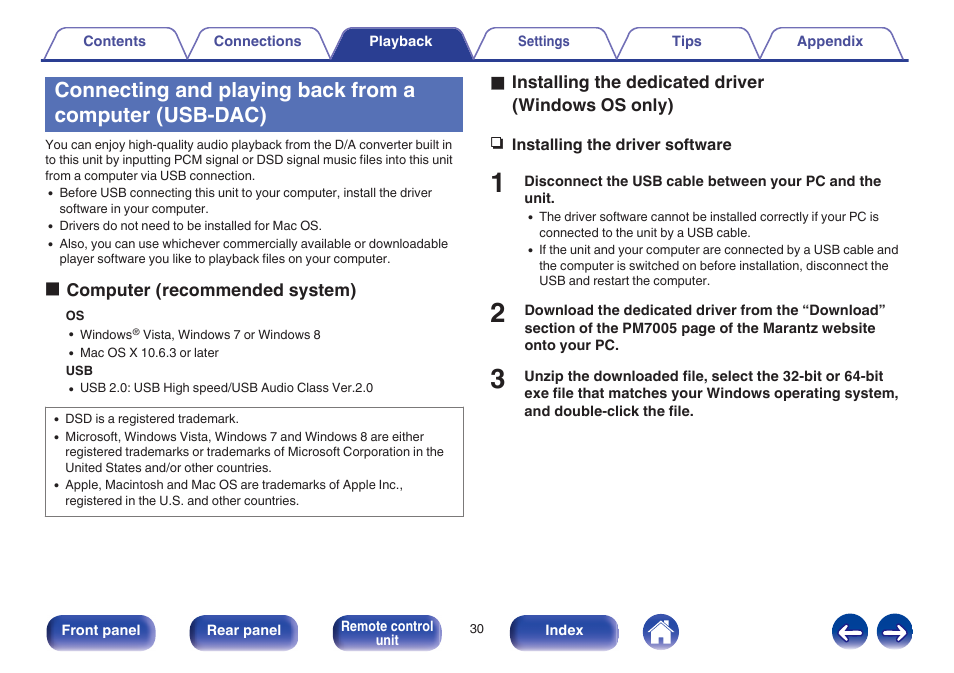 Installing the driver software” (v p. 30), V p. 30) | Marantz PM7005 User Manual | Page 30 / 52