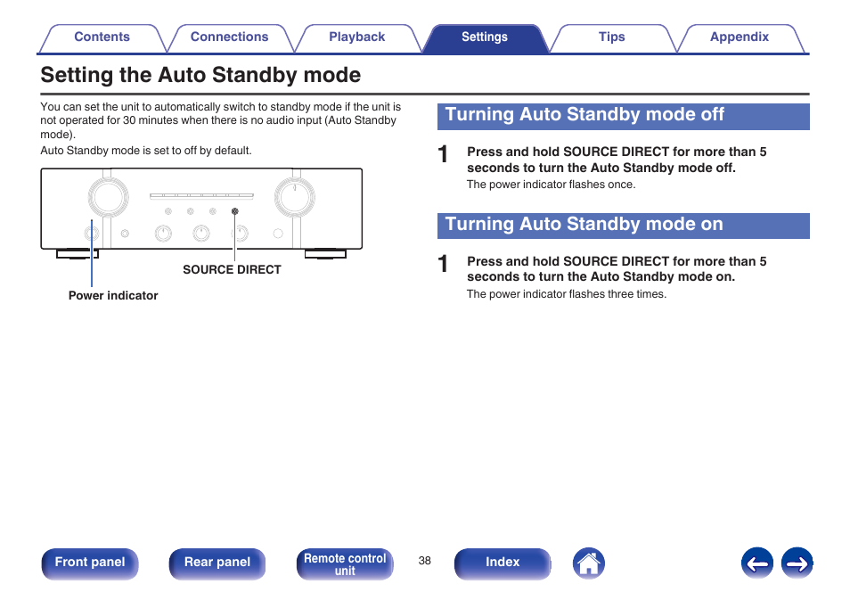 Setting the auto standby mode, Turning auto standby mode off, Turning auto standby mode on | Settings | Marantz PM7005 User Manual | Page 38 / 52