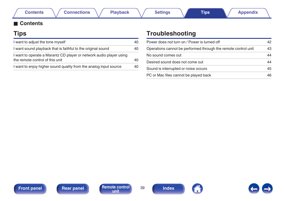 Tips, Troubleshooting, O contents | Marantz PM7005 User Manual | Page 39 / 52