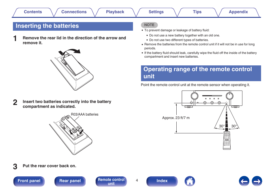 Inserting the batteries, Operating range of the remote control unit | Marantz PM7005 User Manual | Page 4 / 52