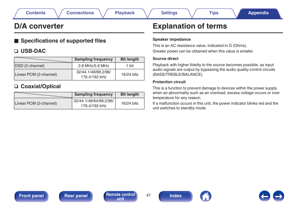 D/a converter, Explanation of terms, Appendix | See “d/a converter” (v p. 47), D/a converter” (v p. 47) | Marantz PM7005 User Manual | Page 47 / 52