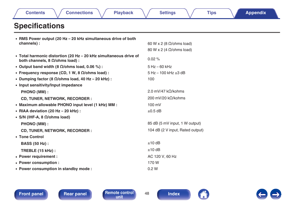 Specifications | Marantz PM7005 User Manual | Page 48 / 52