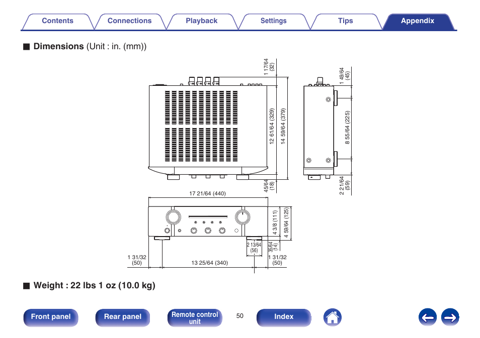 O dimensions (unit : in. (mm)) | Marantz PM7005 User Manual | Page 50 / 52