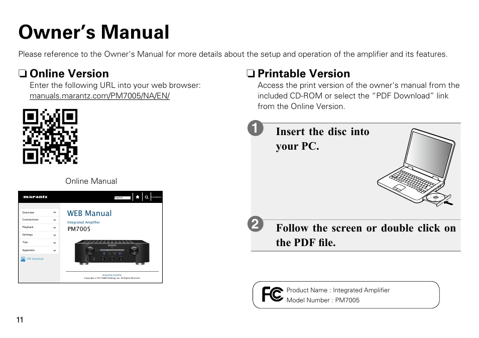 Owner’s manual, N printable version, N online version | Marantz PM7005 Quick Start User Manual | Page 12 / 13