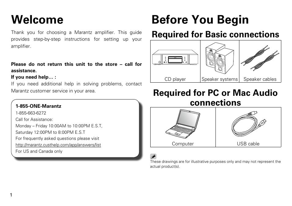 Welcome before you begin, Required for basic connections, Required for pc or mac audio connections | Marantz PM7005 Quick Start User Manual | Page 2 / 13