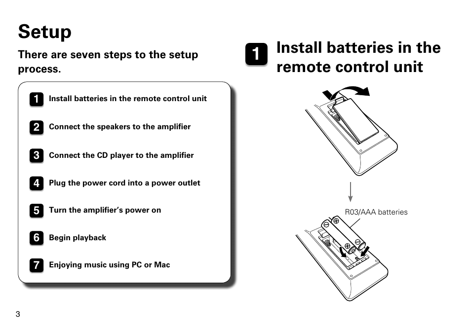 Setup, Install batteries in the remote control unit | Marantz PM7005 Quick Start User Manual | Page 4 / 13