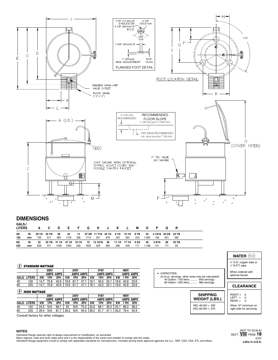 Dimensions, Viii | Cleveland Range KEL-60-SH User Manual | Page 2 / 2