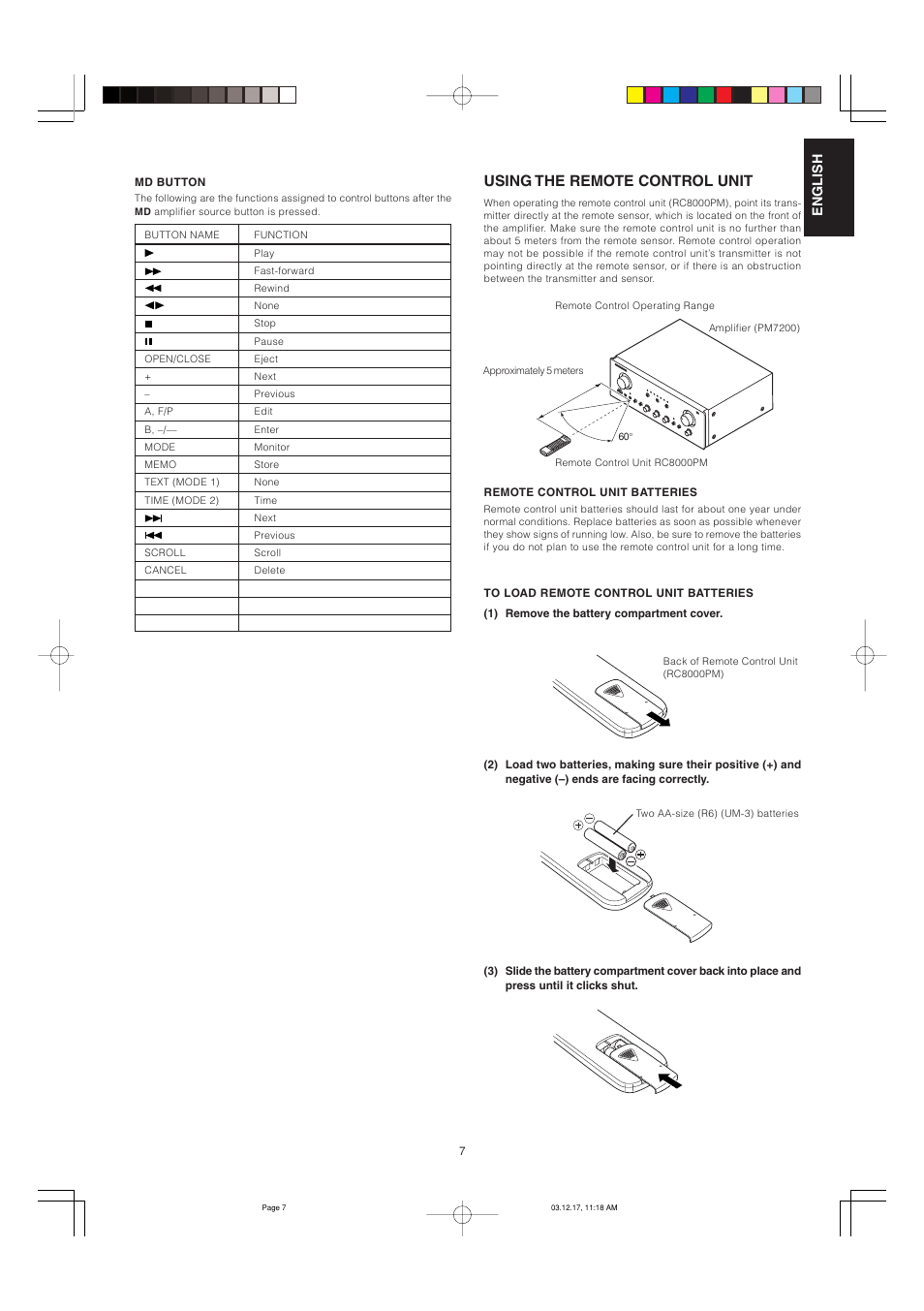 Using the remote control unit | Marantz PM7200 User Manual | Page 12 / 18