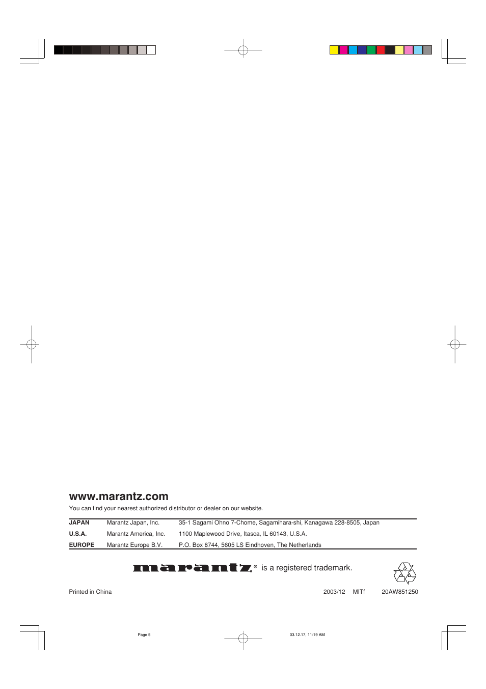 Is a registered trademark | Marantz PM7200 User Manual | Page 18 / 18