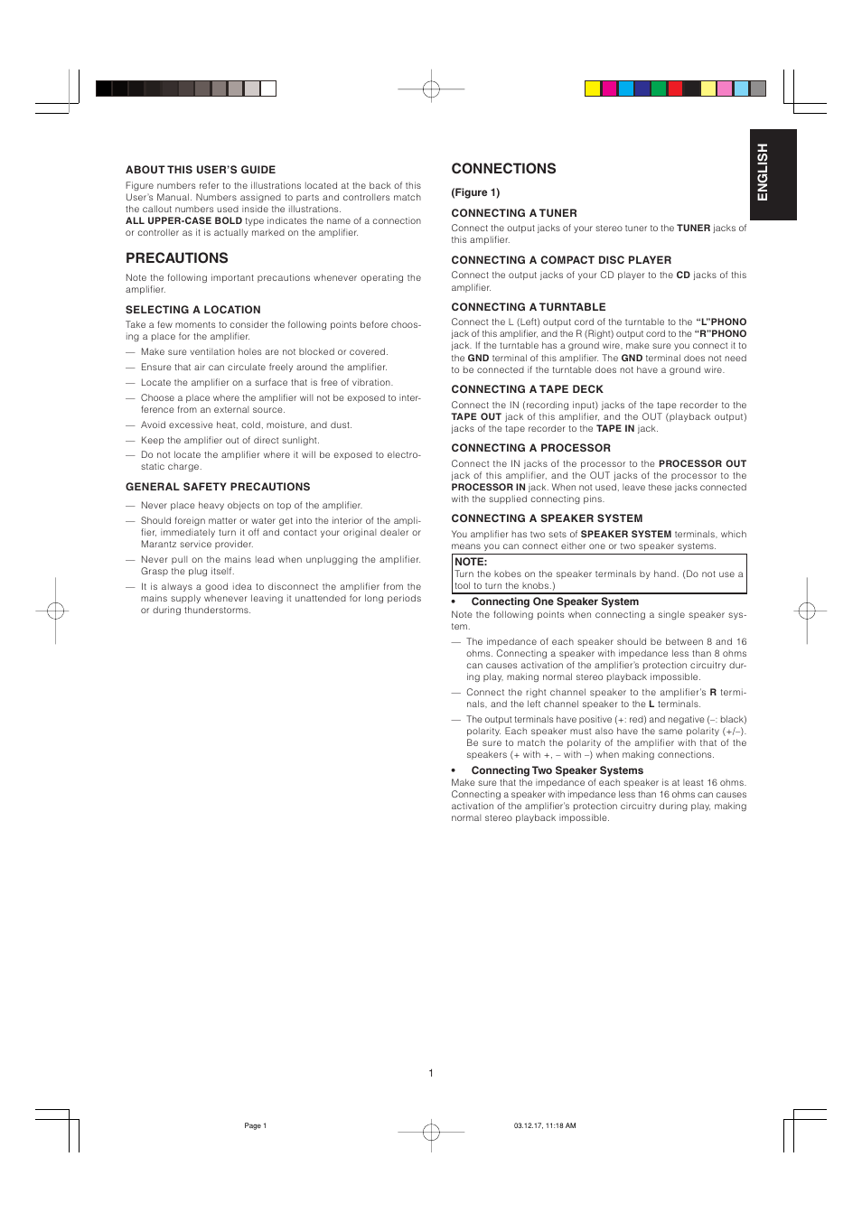 Precautions, Connections | Marantz PM7200 User Manual | Page 6 / 18