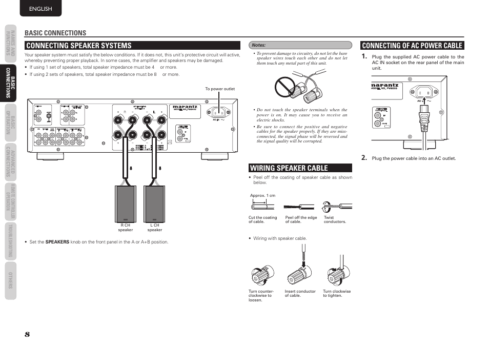 Wiring speaker cable, Connecting speaker systems, Connecting of ac power cable | Basic connections, English | Marantz PM8003 User Manual | Page 11 / 19