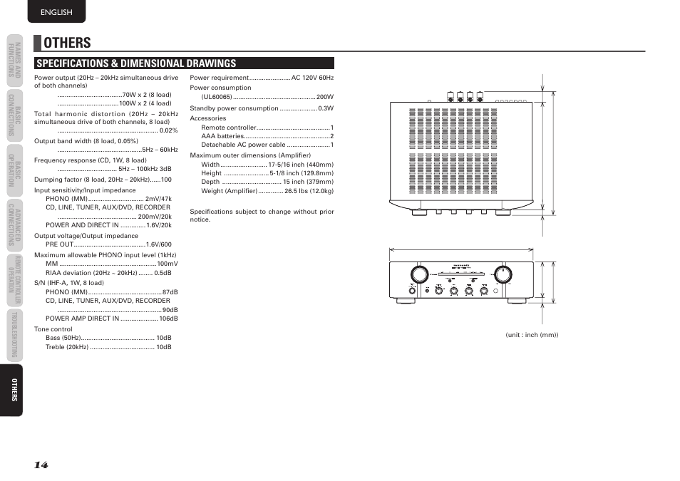 Others, Specifications & dimensional drawings, Integrated amplifier pm8003 | Marantz PM8003 User Manual | Page 17 / 19