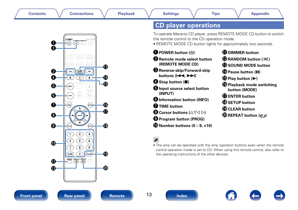 Cd player operations | Marantz PM8005 User Manual | Page 13 / 44