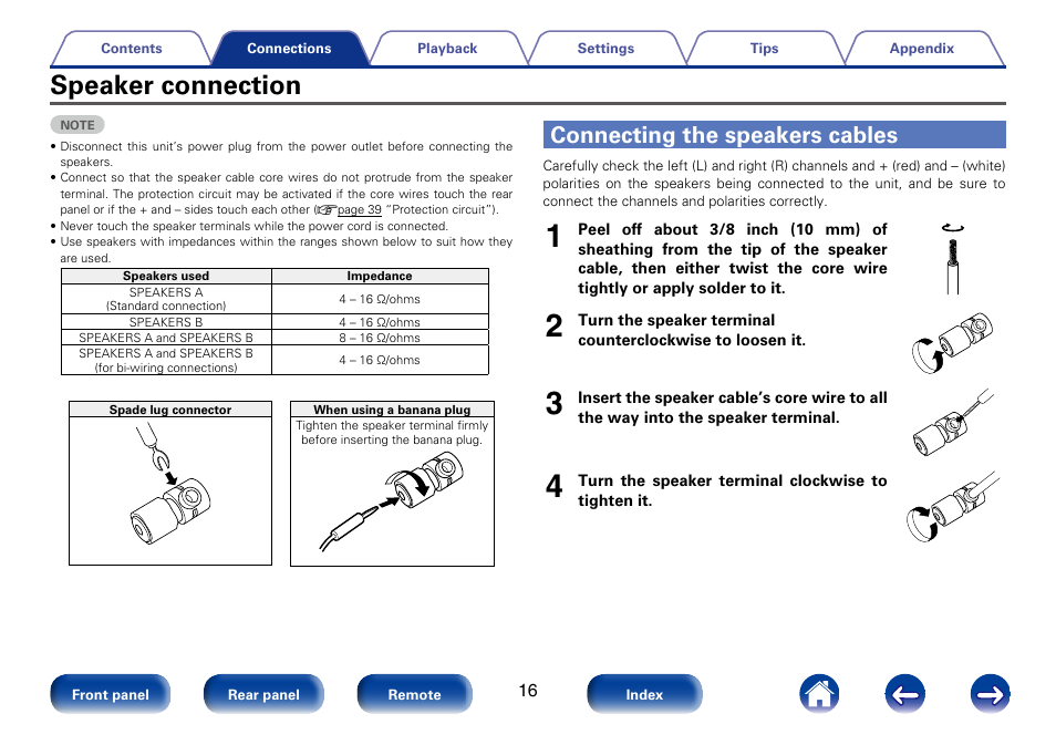 Speaker connection, Connecting the speakers cables | Marantz PM8005 User Manual | Page 16 / 44