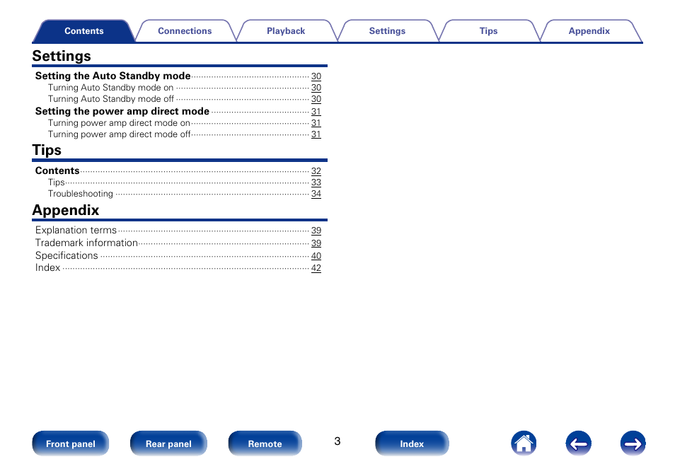 Settings, Tips, Appendix | Marantz PM8005 User Manual | Page 3 / 44