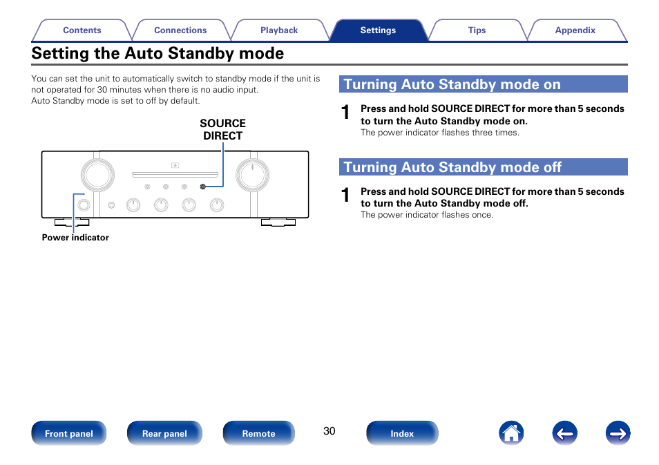 Setting the auto standby mode, Turning auto standby mode on, Turning auto standby mode off | Marantz PM8005 User Manual | Page 30 / 44