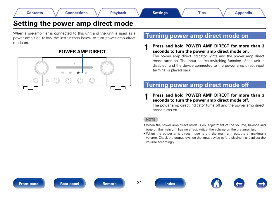 Setting the power amp direct mode, Turning power amp direct mode on, Turning power amp direct mode off | Marantz PM8005 User Manual | Page 31 / 44