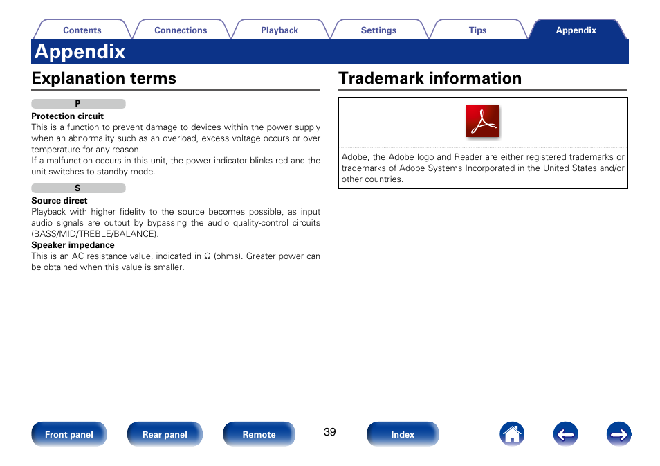 Appendix, Explanation terms, Trademark information | Marantz PM8005 User Manual | Page 39 / 44