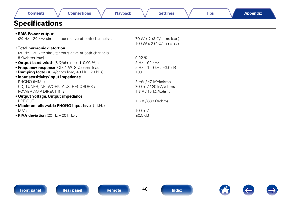 Specifications | Marantz PM8005 User Manual | Page 40 / 44