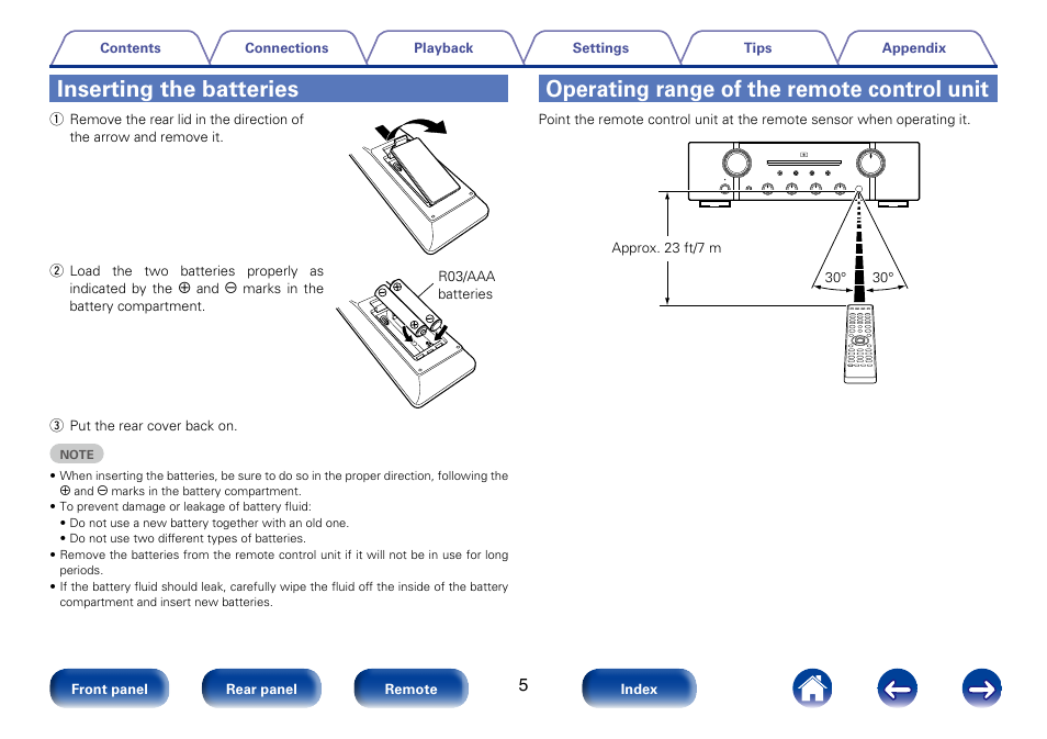 Inserting the batteries, Operating range of the remote control unit | Marantz PM8005 User Manual | Page 5 / 44