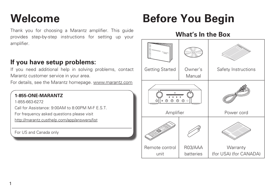 Welcome before you begin, If you have setup problems, What’s in the box | Marantz PM8005 Quick Start User Manual | Page 2 / 10