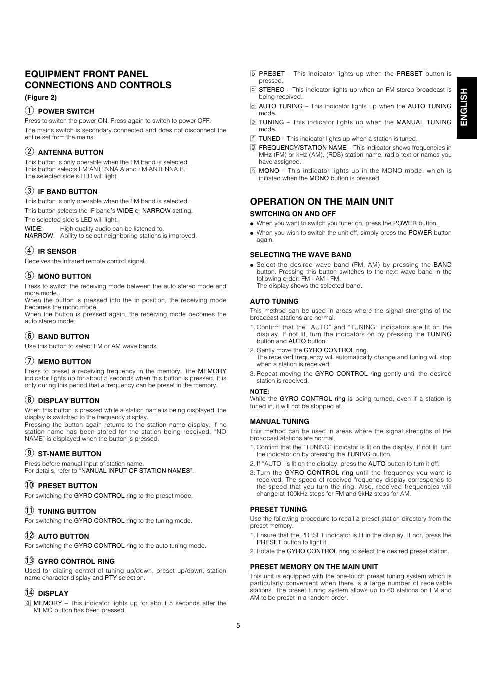 Equipment front panel connections and controls, Operation on the main unit | Marantz ST-17 User Manual | Page 7 / 15