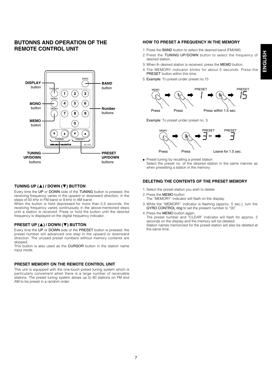 Butonns and operation of the remote control unit, English fran ç ais | Marantz ST-17 User Manual | Page 9 / 15