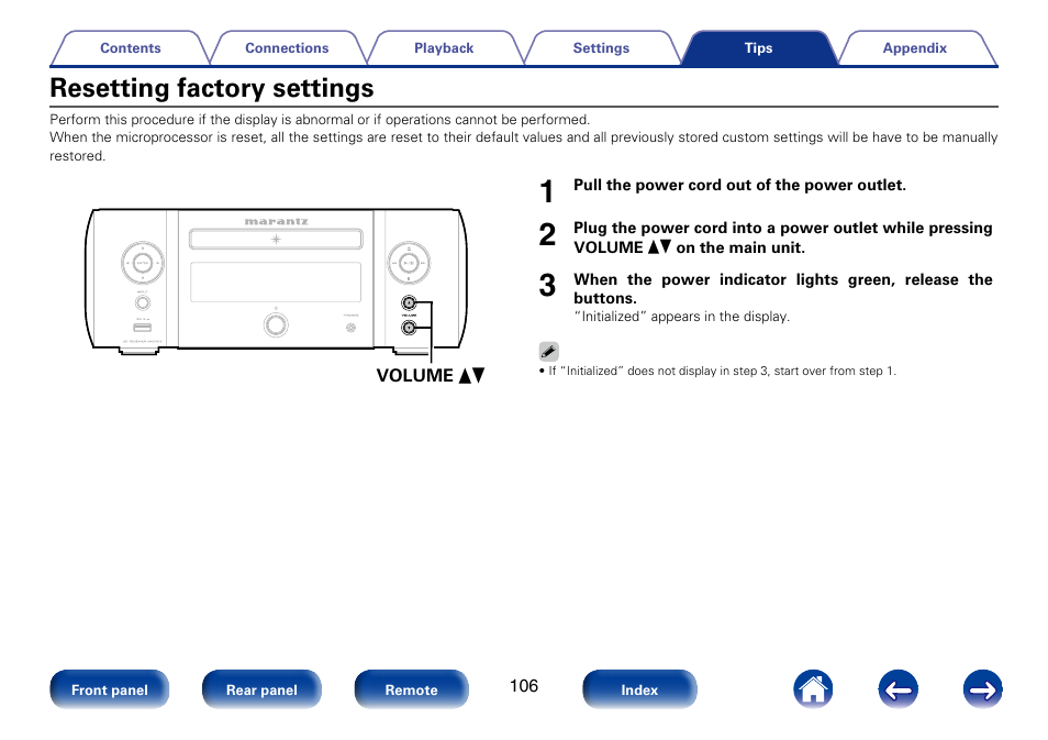 Resetting factory settings | Marantz M-CR610 User Manual | Page 106 / 132