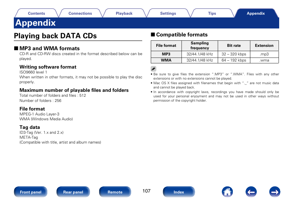 Appendix, Playing back data cds, 2 mp3 and wma formats | 2 compatible formats | Marantz M-CR610 User Manual | Page 107 / 132