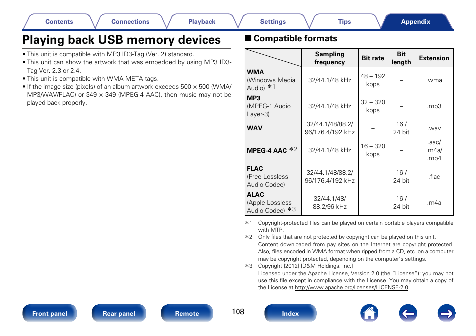 Playing back usb memory devices, 2 compatible formats | Marantz M-CR610 User Manual | Page 108 / 132