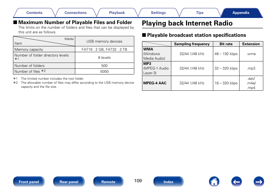 Playing back internet radio, 2 maximum number of playable files and folder, 2 playable broadcast station specifications | Marantz M-CR610 User Manual | Page 109 / 132