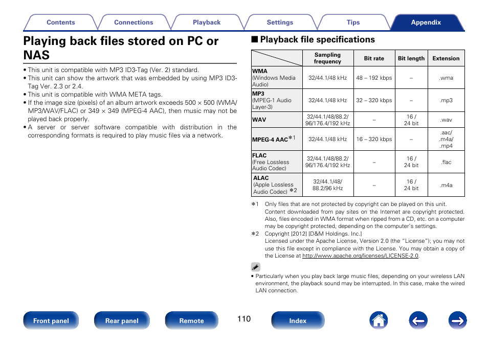 Playing back files stored on pc or nas, 2 playback file specifications | Marantz M-CR610 User Manual | Page 110 / 132