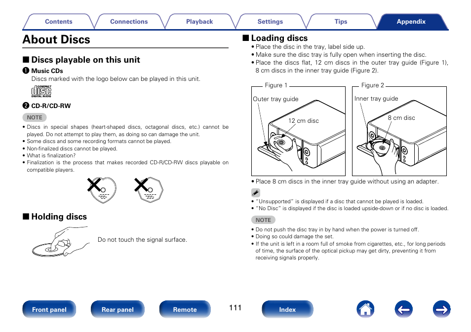 About discs, 2 discs playable on this unit, 2 holding discs | 2 loading discs | Marantz M-CR610 User Manual | Page 111 / 132