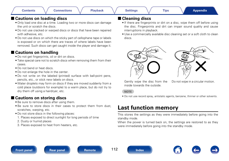 Last function memory, 2 cautions on loading discs, 2 cautions on handling | 2 cautions on storing discs, 2 cleaning discs | Marantz M-CR610 User Manual | Page 112 / 132