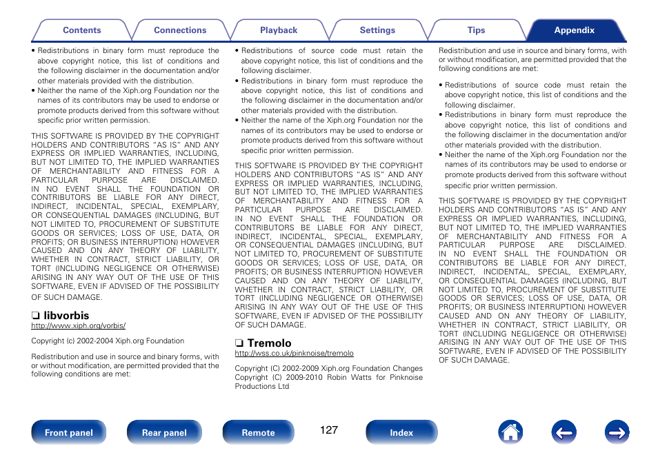 N libvorbis, N tremolo | Marantz M-CR610 User Manual | Page 127 / 132