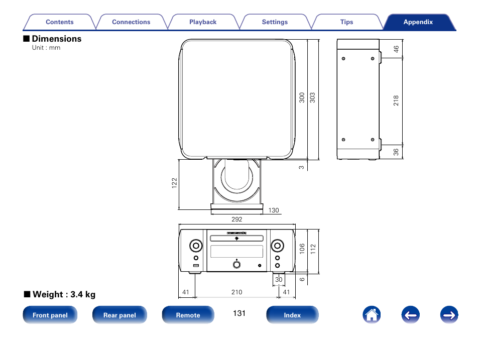 2 dimensions, 2 weight : 3.4 kg | Marantz M-CR610 User Manual | Page 131 / 132