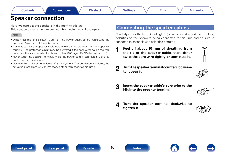 Speaker connection, Connecting the speaker cables | Marantz M-CR610 User Manual | Page 16 / 132