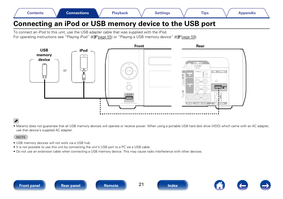 Connecting an ipod or usb memory device to, The usb port, Connecting an ipod or usb memory device to the usb | Marantz M-CR610 User Manual | Page 21 / 132