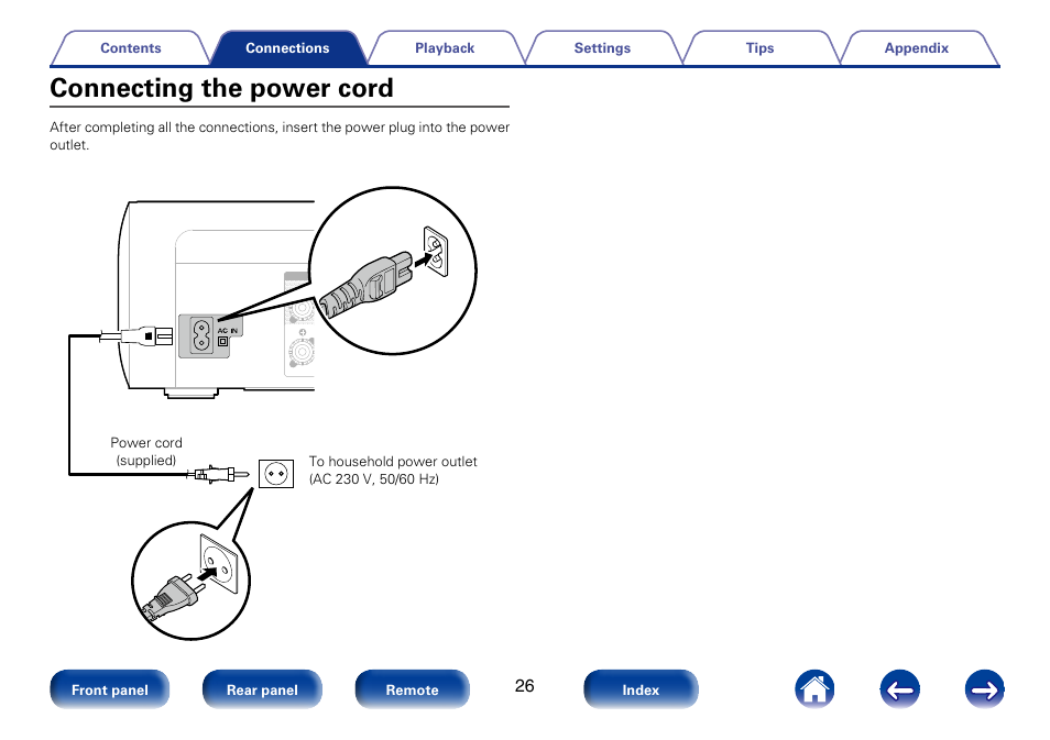 Connecting the power cord | Marantz M-CR610 User Manual | Page 26 / 132