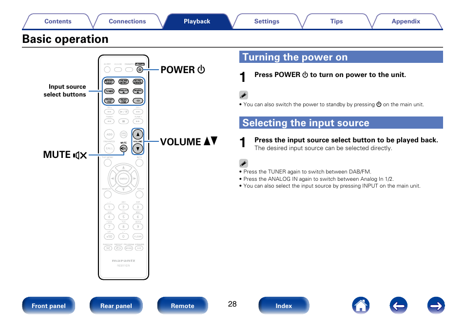 Basic operation, Turning the power on, Selecting the input source | Power x volume df mute | Marantz M-CR610 User Manual | Page 28 / 132