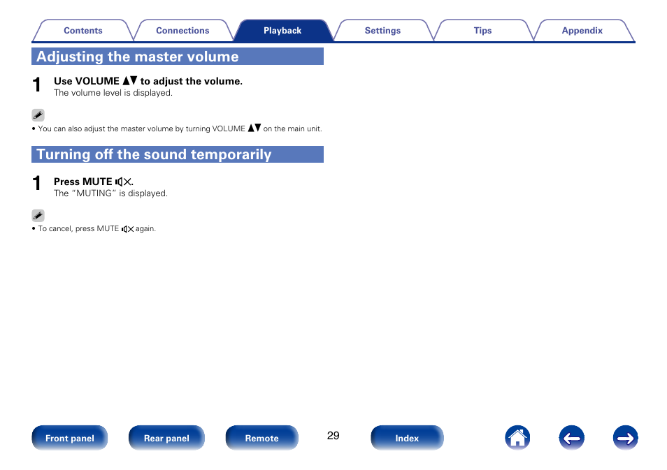 Adjusting the master volume, Turning off the sound temporarily | Marantz M-CR610 User Manual | Page 29 / 132