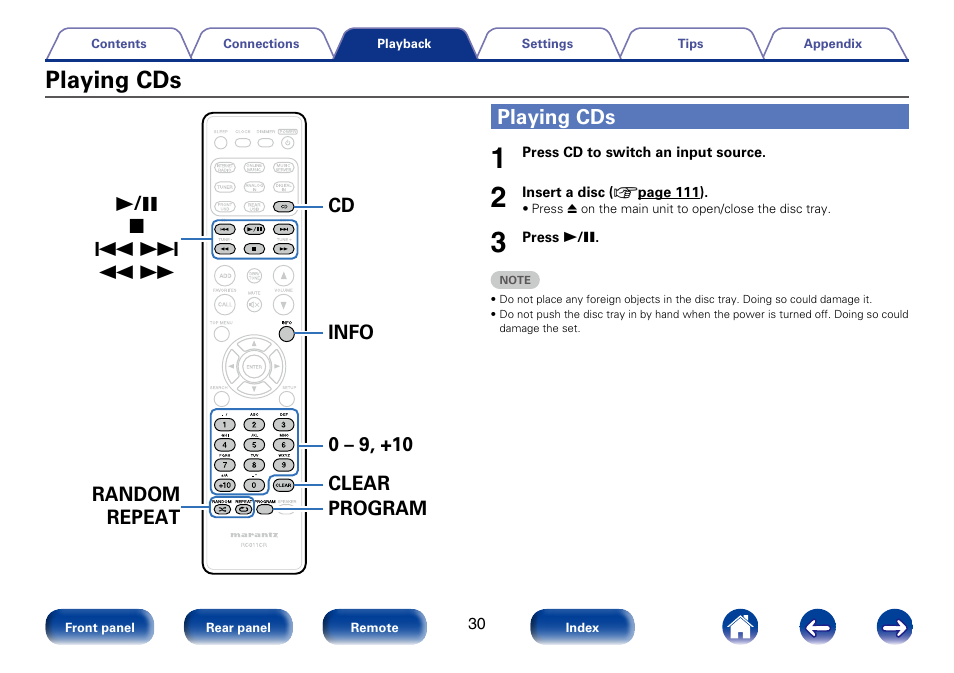 Playing cds | Marantz M-CR610 User Manual | Page 30 / 132