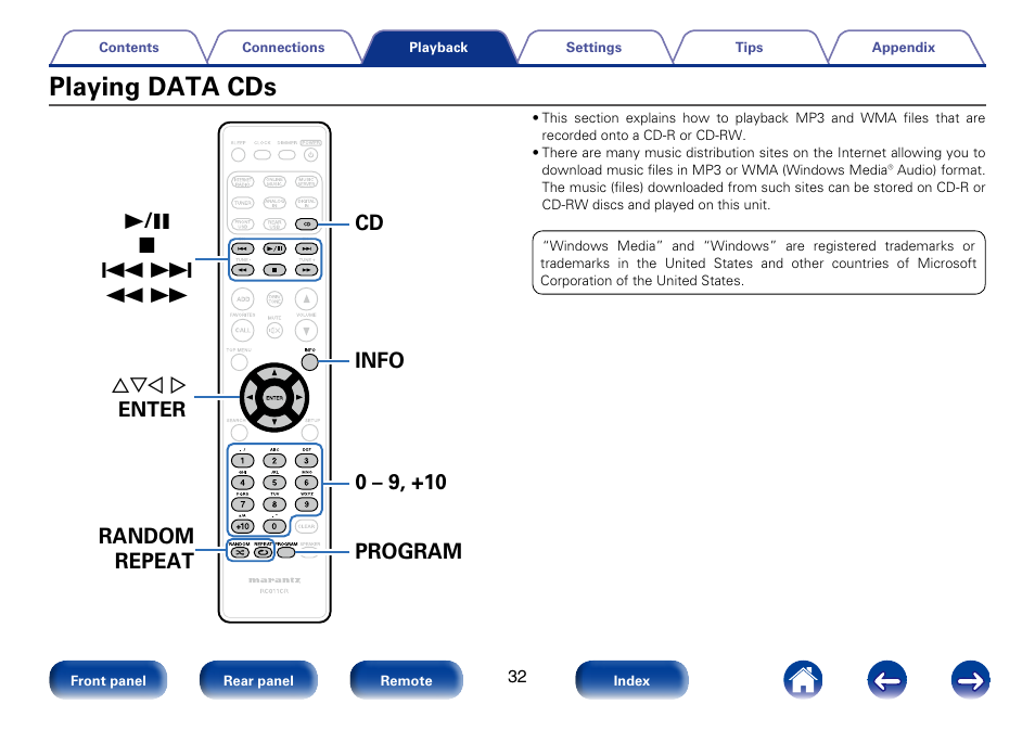 Playing data cds | Marantz M-CR610 User Manual | Page 32 / 132