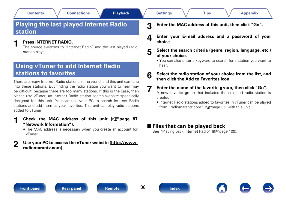 Playing the last played internet radio station | Marantz M-CR610 User Manual | Page 36 / 132