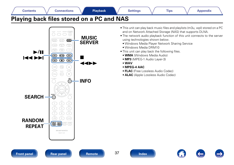 Playing back files stored on a pc and nas | Marantz M-CR610 User Manual | Page 37 / 132