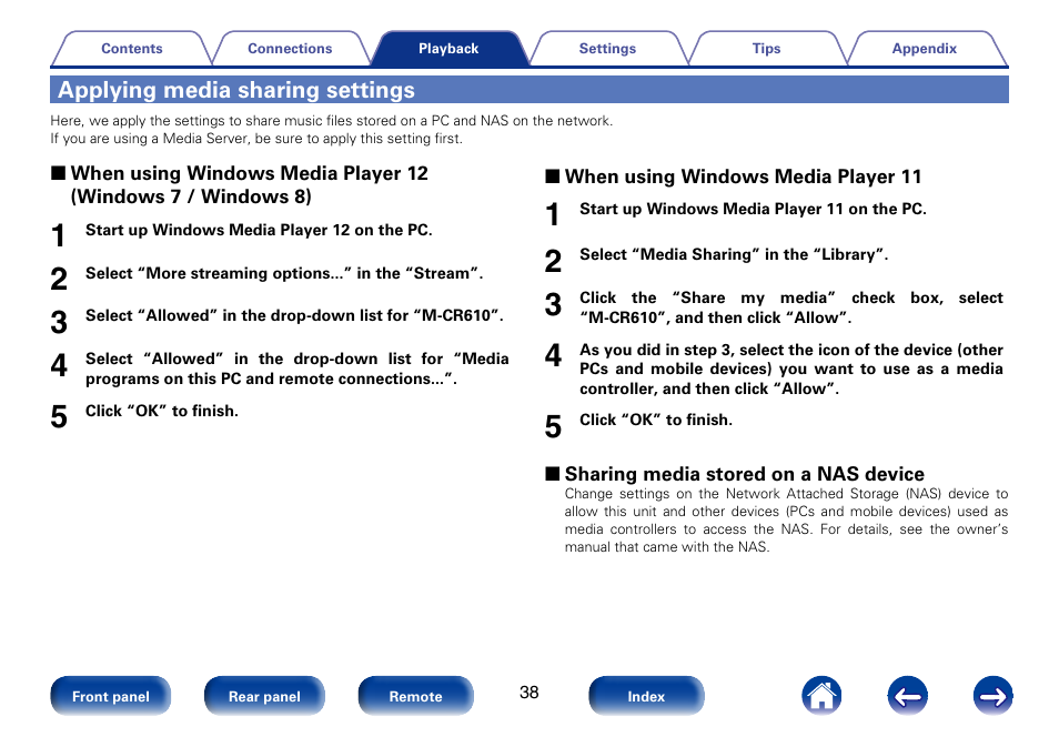 Applying media sharing settings | Marantz M-CR610 User Manual | Page 38 / 132