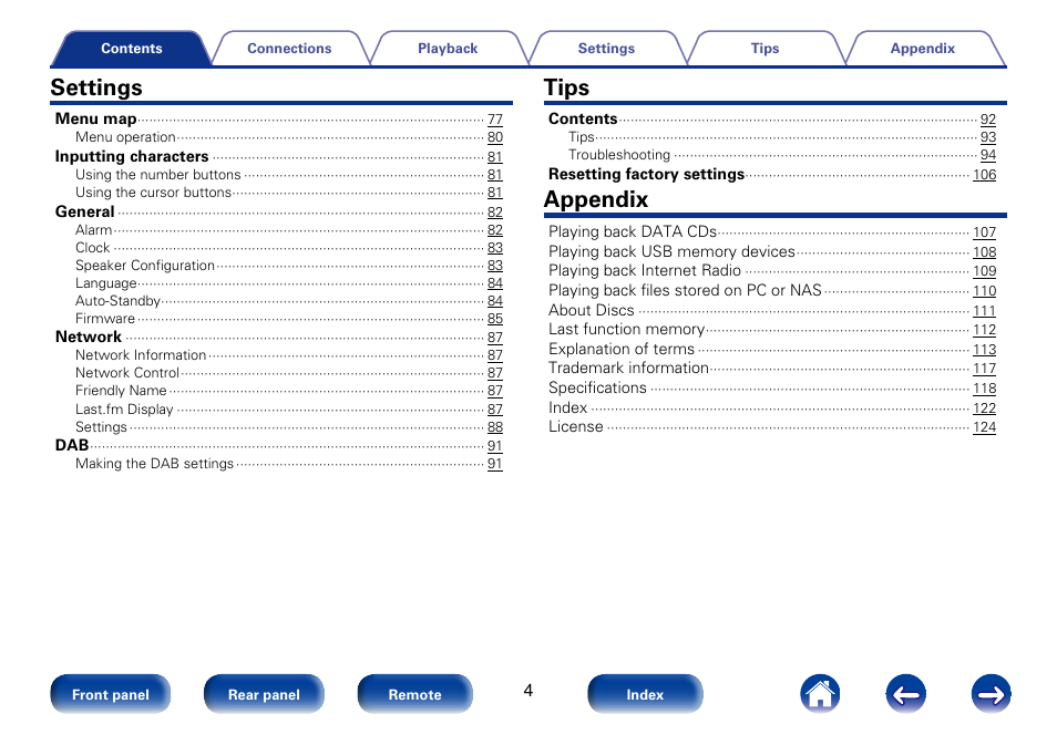 Settings, Tips, Appendix | Marantz M-CR610 User Manual | Page 4 / 132