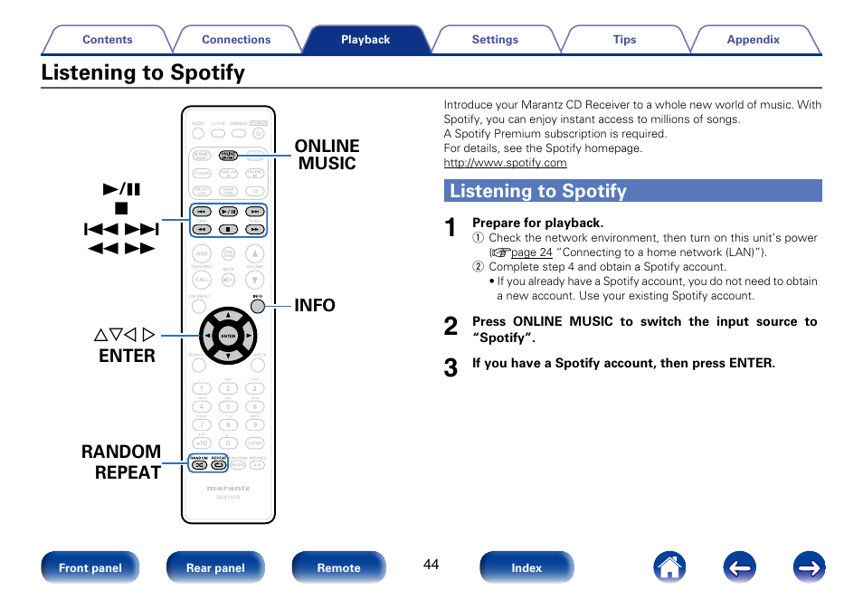 Listening to spotify | Marantz M-CR610 User Manual | Page 44 / 132